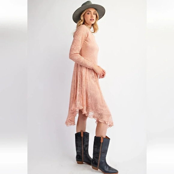 New Easel Lace Layered Long Sleeve Midi Dress Mauve Pink - Picture 4 of 6